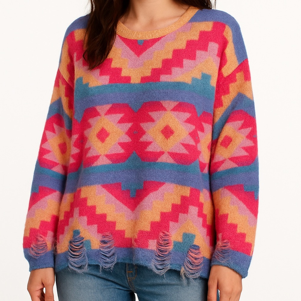 White Fox White Label Aztec Sweater Small Distressed Hem Boho Knit